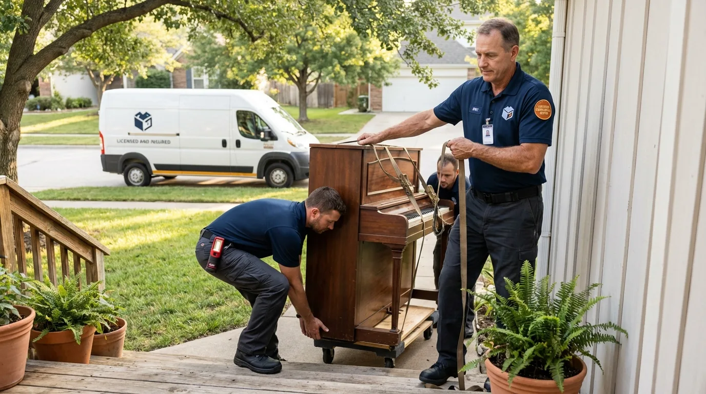 Licensed piano movers securing grand piano in Kennebunkport, ME