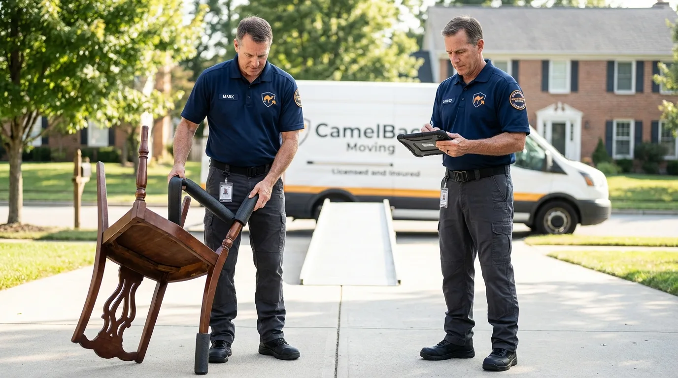 Movers inspecting furniture for damage prevention before loading in Kennebunkport, ME