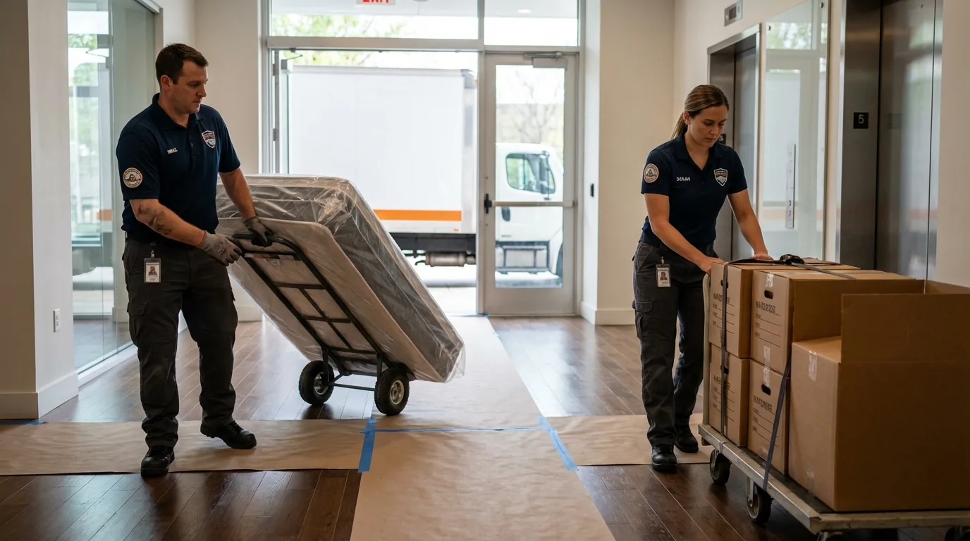 Professional apartment movers loading elevator in Kennebunkport, ME
