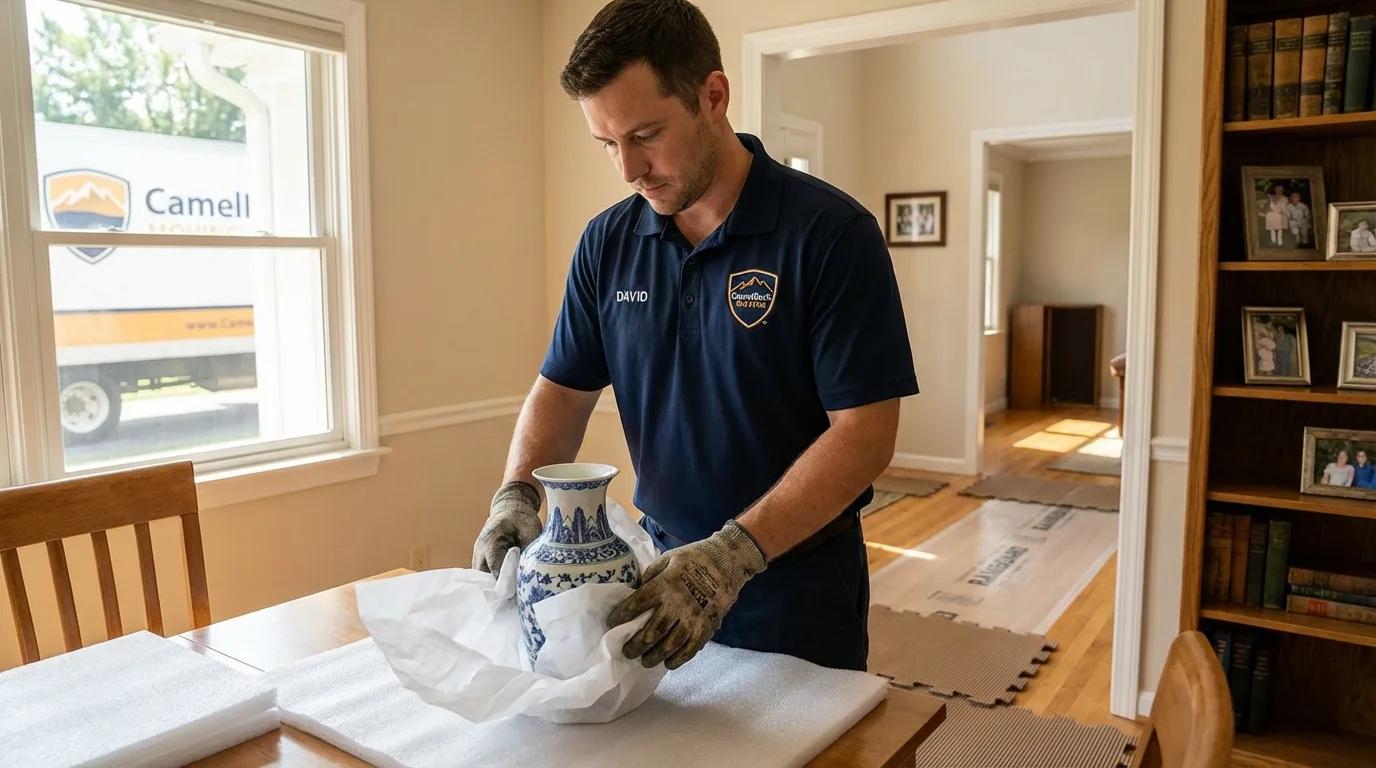 Professional crew carefully wrapping antique vase for senior downsizing move in Kennebunkport, ME
